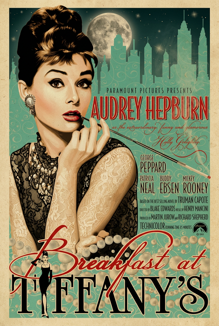 This image is a vintage-style movie poster for the 1961 romantic comedy film Breakfast at Tiffany's