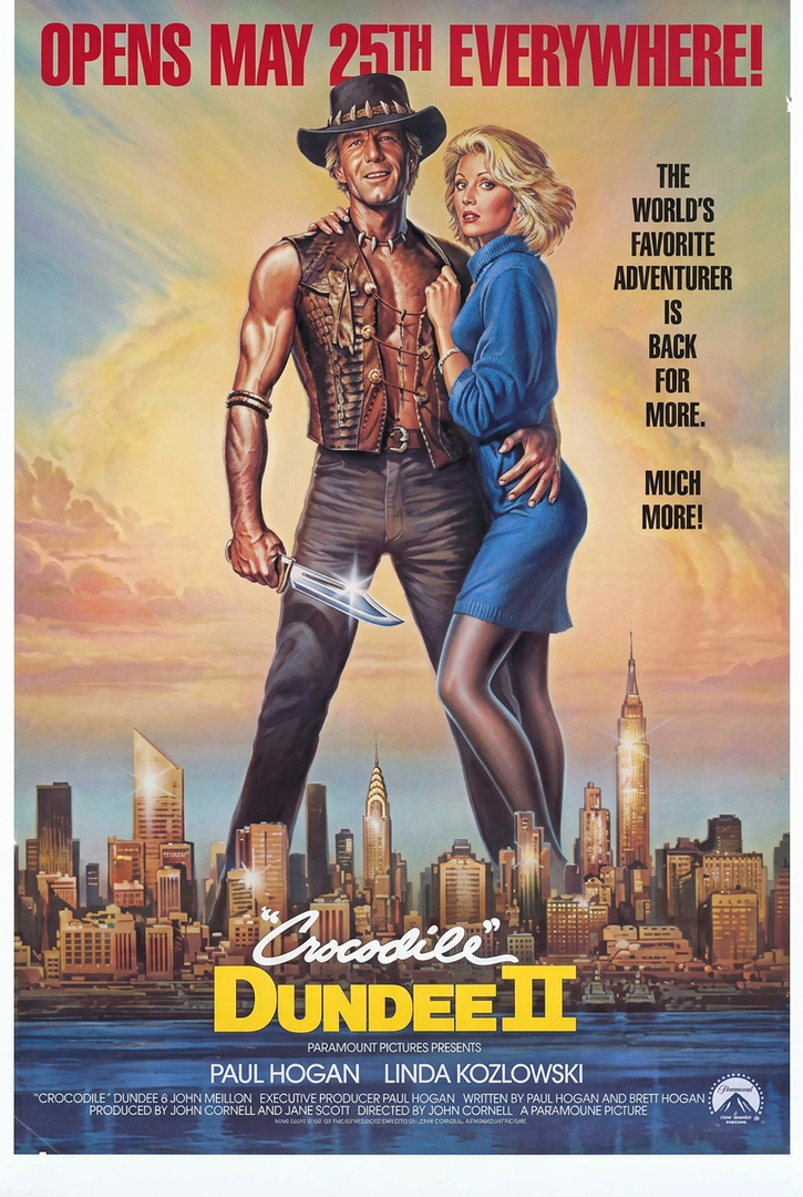 1988 theatrical movie poster for the action-comedy film "Crocodile" Dundee II. 
