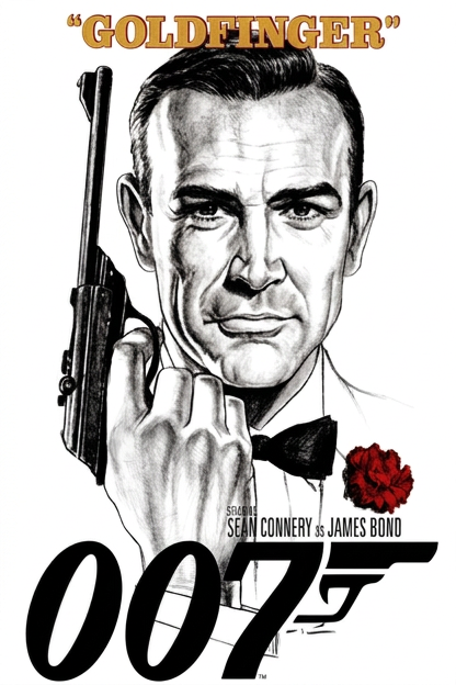 This poster art features Sean Connery in his iconic role as James Bond, specifically from the 1964 film Goldfinger.