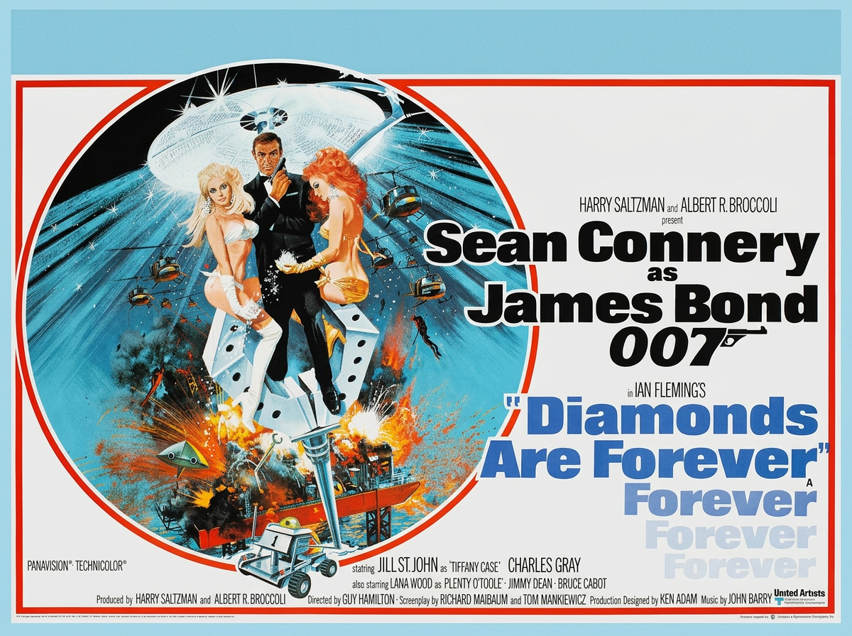 British Quad poster for the 1971 James Bond film Diamonds Are Forever.